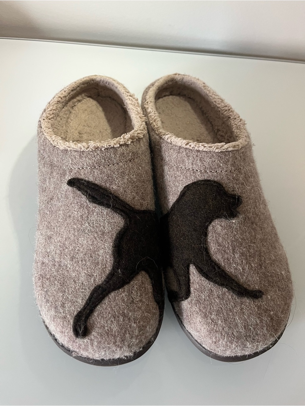 L.L. Bean Taupe Wool Slippers with Black Dog Appliqué